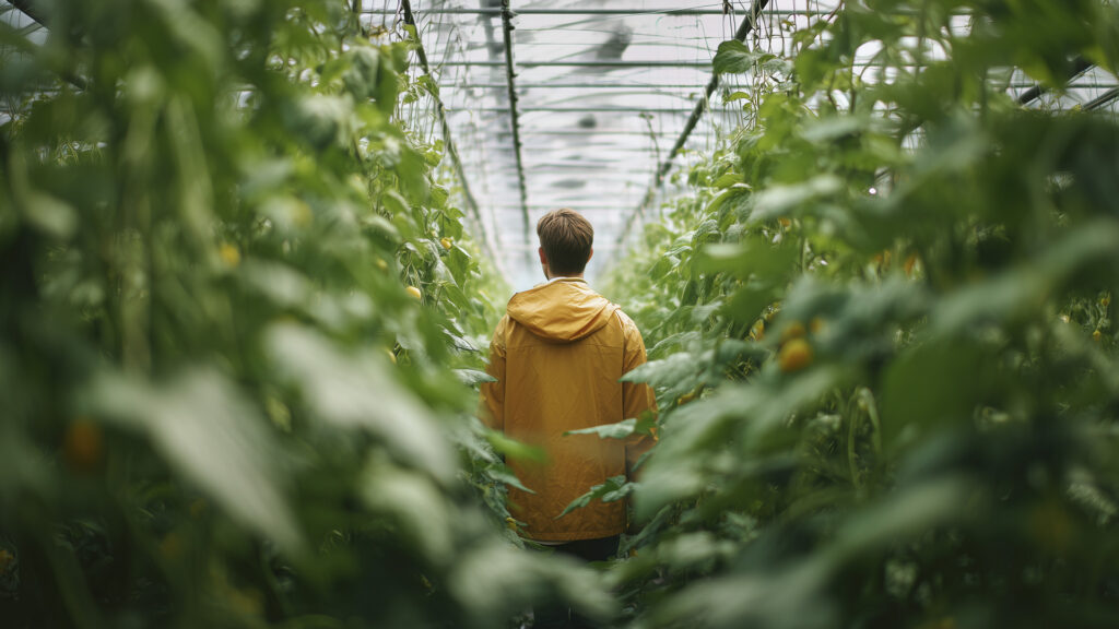 Landbouwer in zijn groente serre